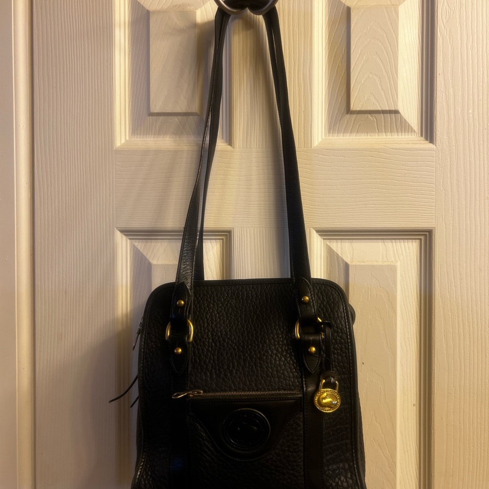 Vintage Dooney Bourke Black Leather Quilted Shoulder Bag with Gold Accents